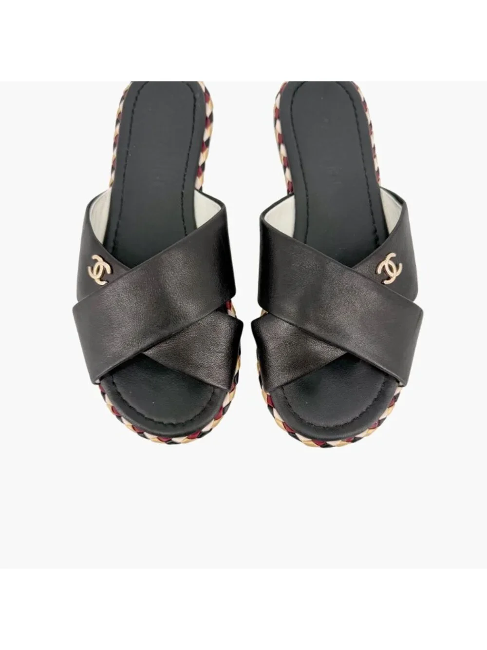 Chanel CC Braided Slide Sandals Black Leather Size 39C US 8-8.5 Wide Flat Mule